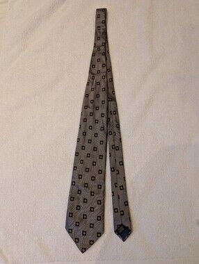 Vintage Country Road Italian Silk Tie Grey Gold Navy Geometric Diamond Print